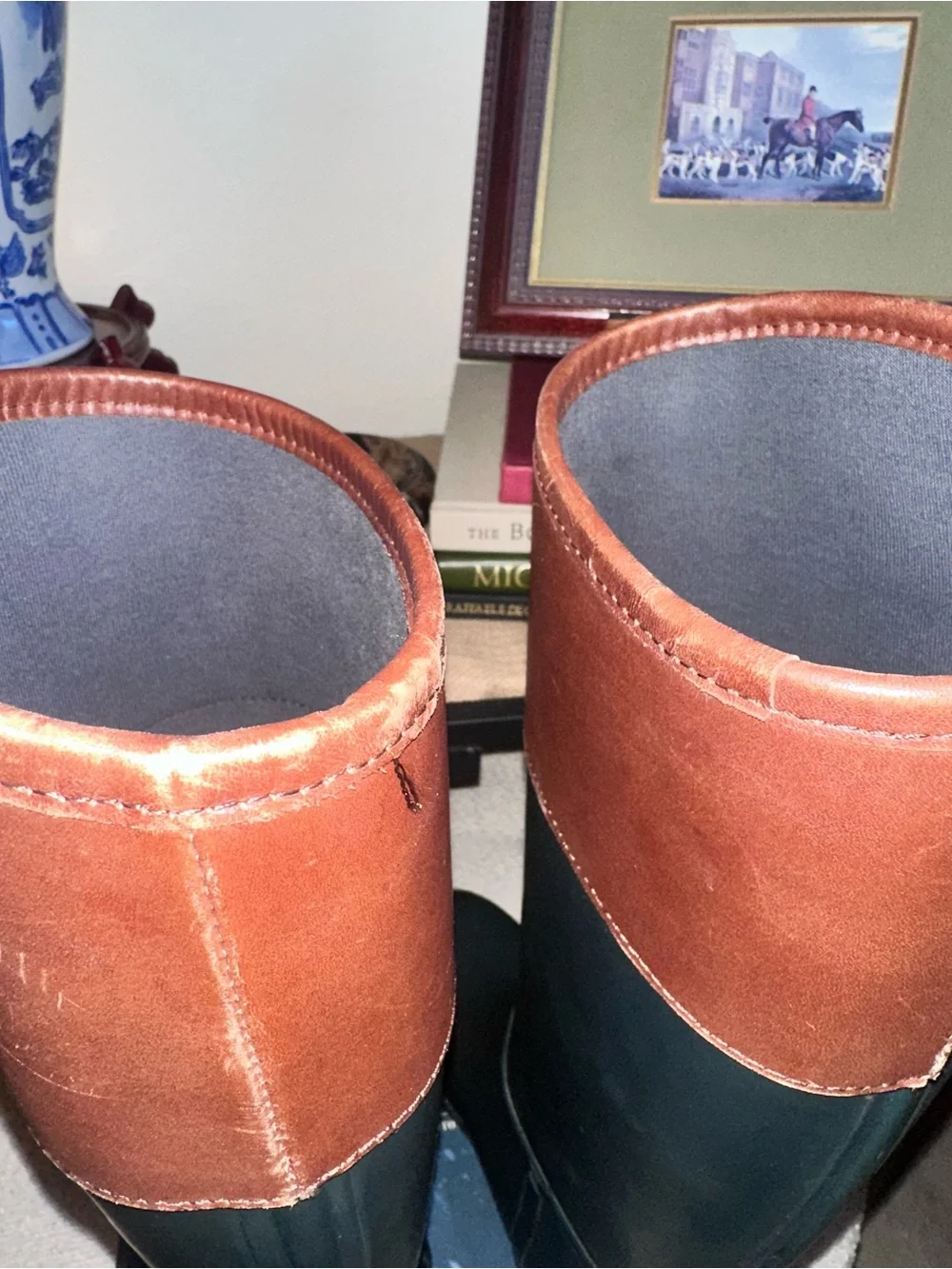 Tory Burch Black Rubber Rain Boots with Brown Logo Cuff